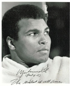 Muhammad Ali signed 8x10 vintage photo "The Greatest Of All Time" Inscribed and Dated by ALI PSA 9